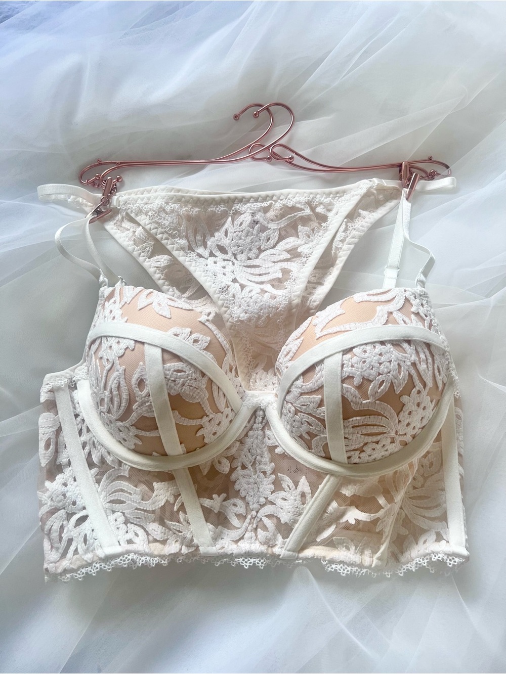 Ivory Lace Longline Bra Set - Elegant White Lace